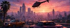 Los Santos skyline and sports cars at sunset